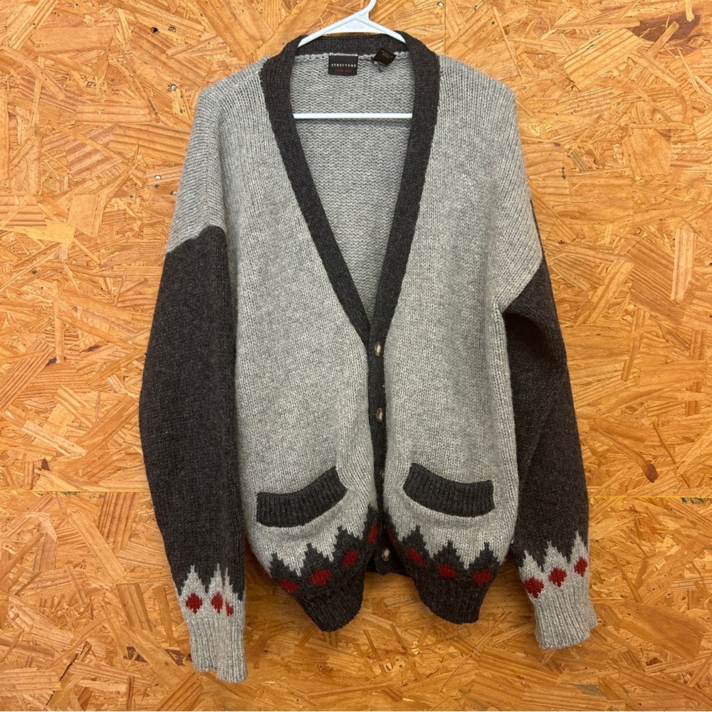 100% Wool Structure Gray and Black Wool Cardigan - Size M